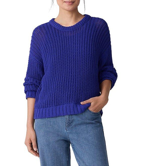 Eileen Fisher Organic Cotton Twisted Texture Knit Round Neck Long Sleeve Sweater Product Image