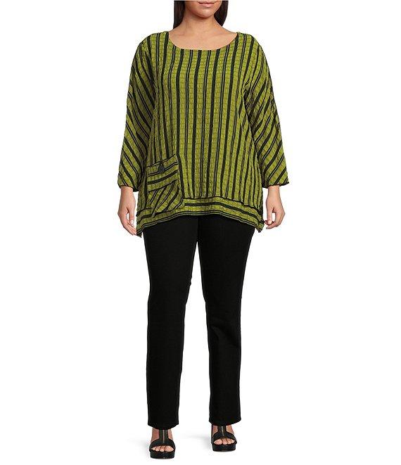 Ali Miles Plus Size Textured Yarn-Dye Woven Stripe Round Neck 3/4 Sleeve Tunic Product Image