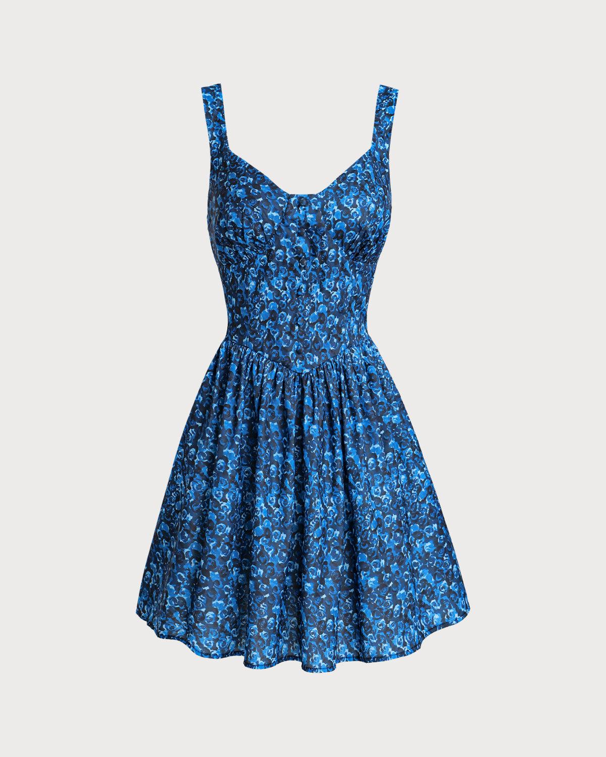 Blue Floral U-Neck Shirred Mini Dress Product Image
