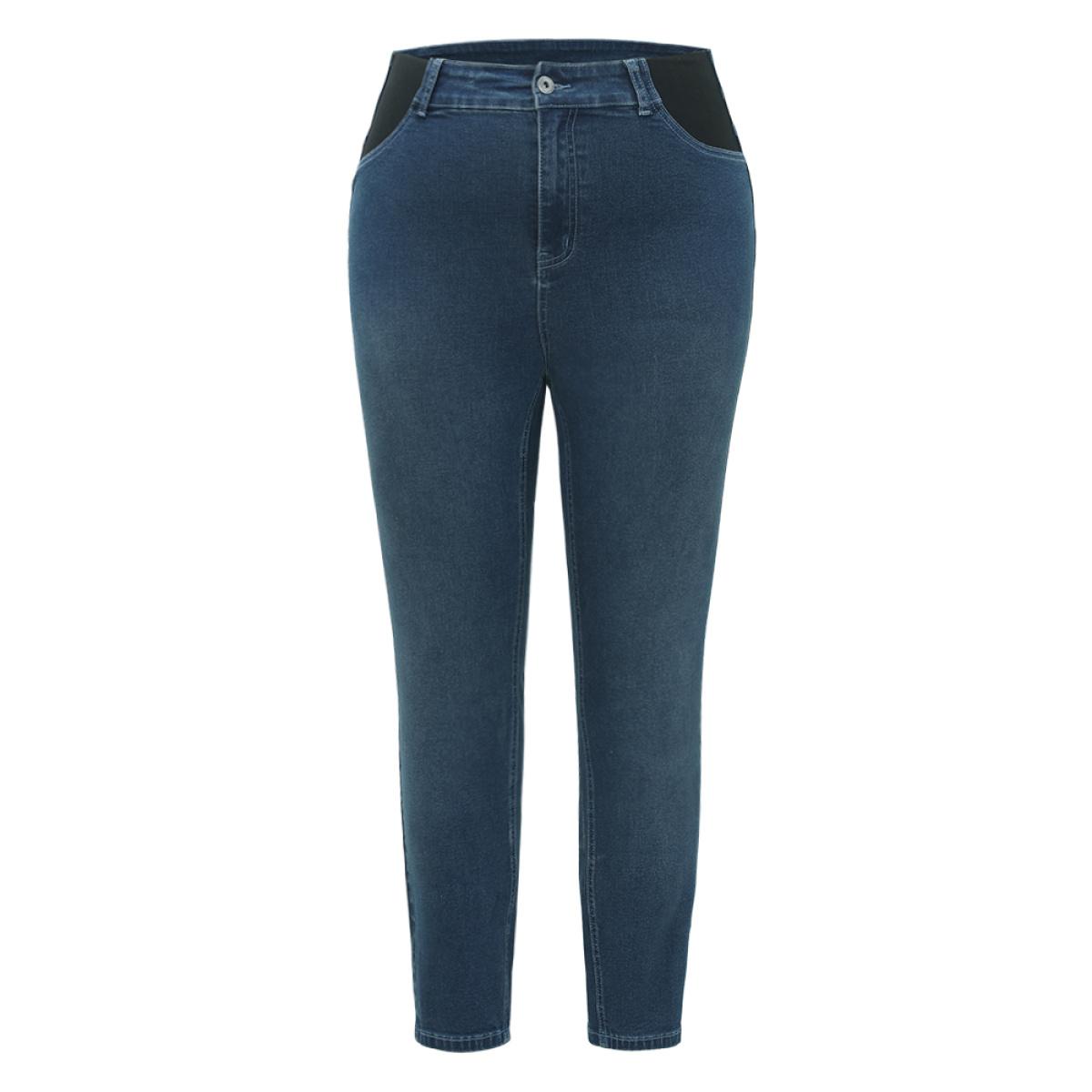 Plus Size Contrast Pocket Elastic Waist Very Stretchy Jeans Women Indigo Casual Plain Elastic Waist High stretch Pocket Jeans BloomChic 22/3X Product Image