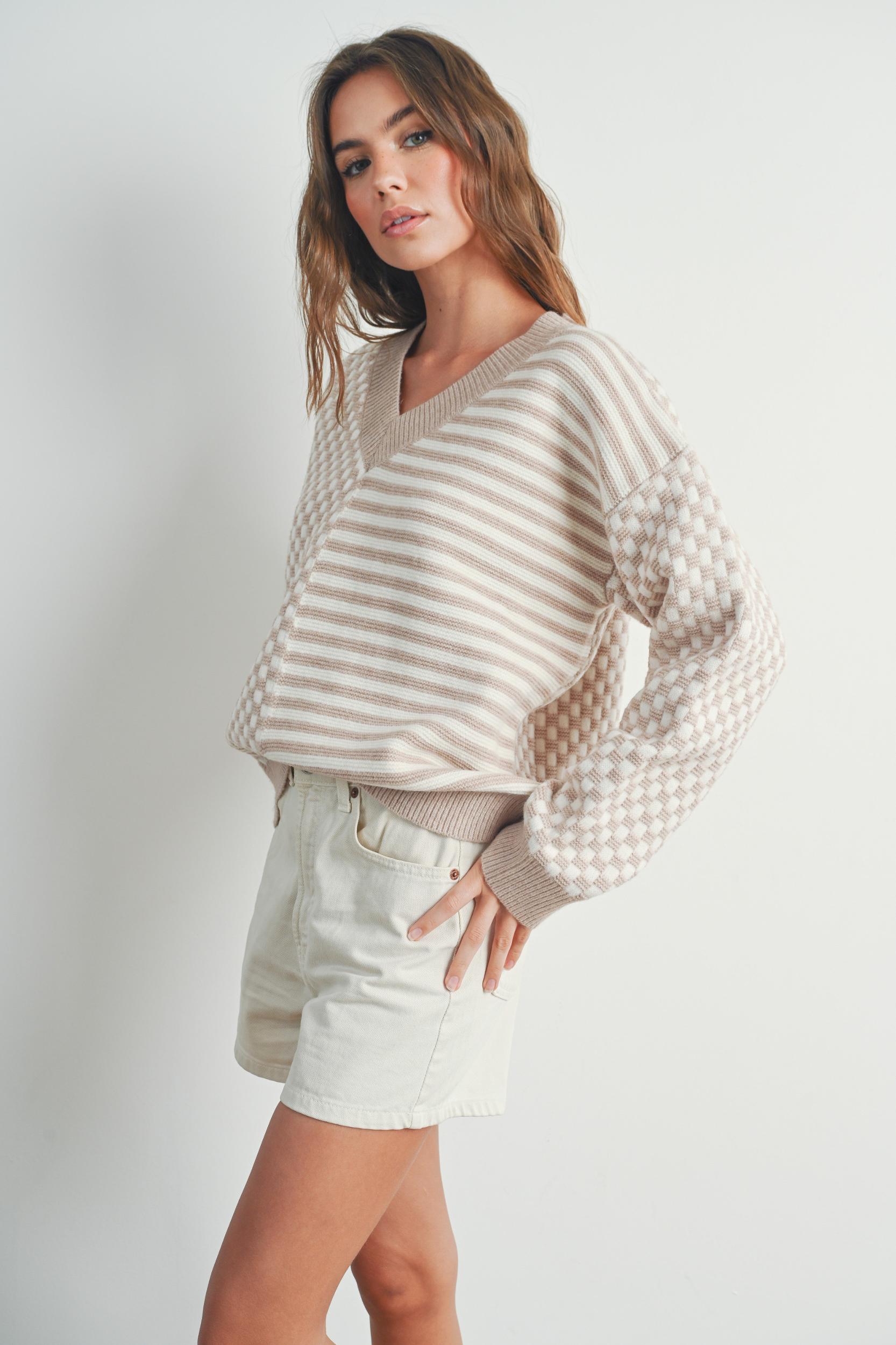 Checker V neck Cozy Sweater Product Image