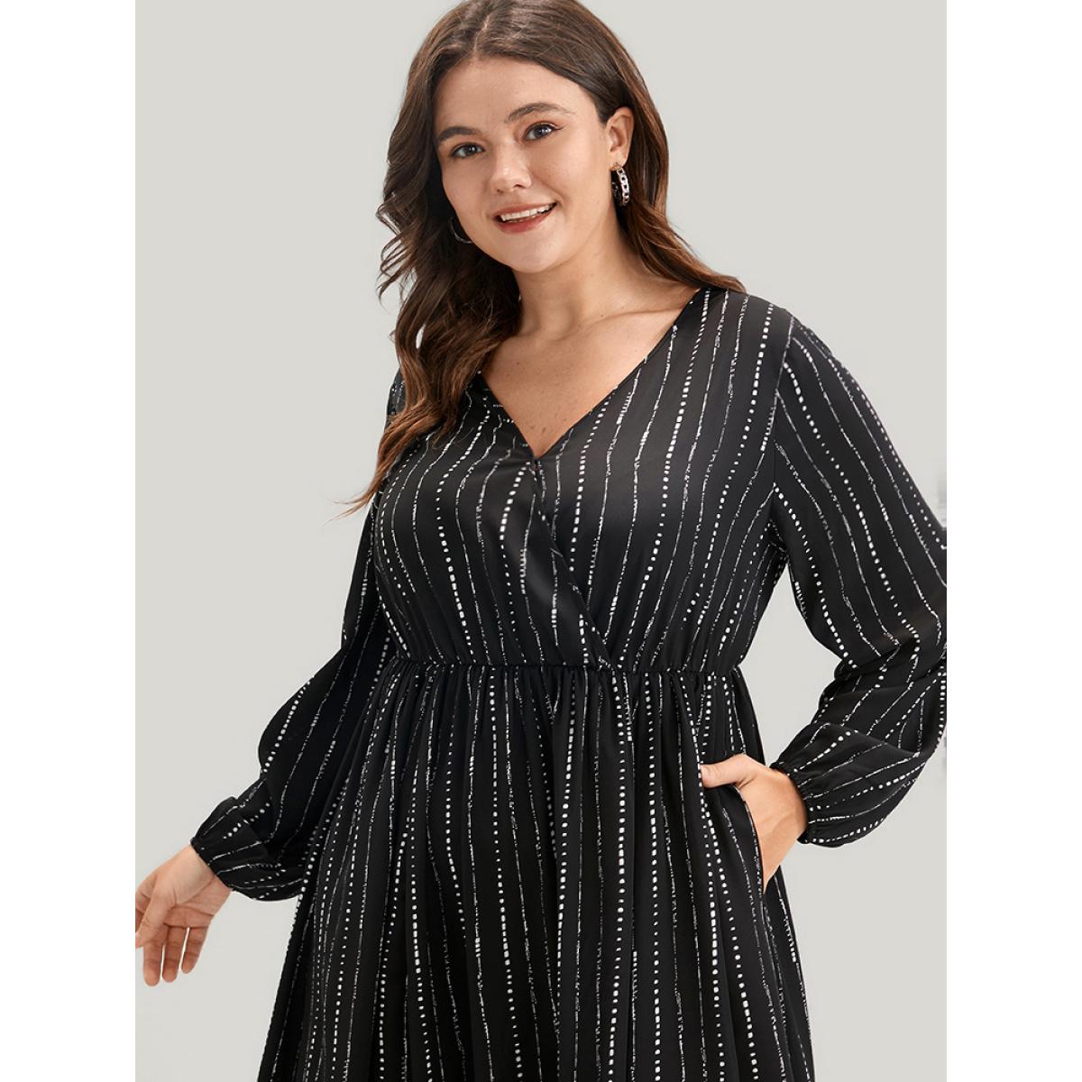 Plus Size Striped Lantern Sleeve Pocket Split Wrap Midi Dress Black Women Elegant Pocket V-neck Long Sleeve Curvy Midi Dress BloomChic 10/M Product Image