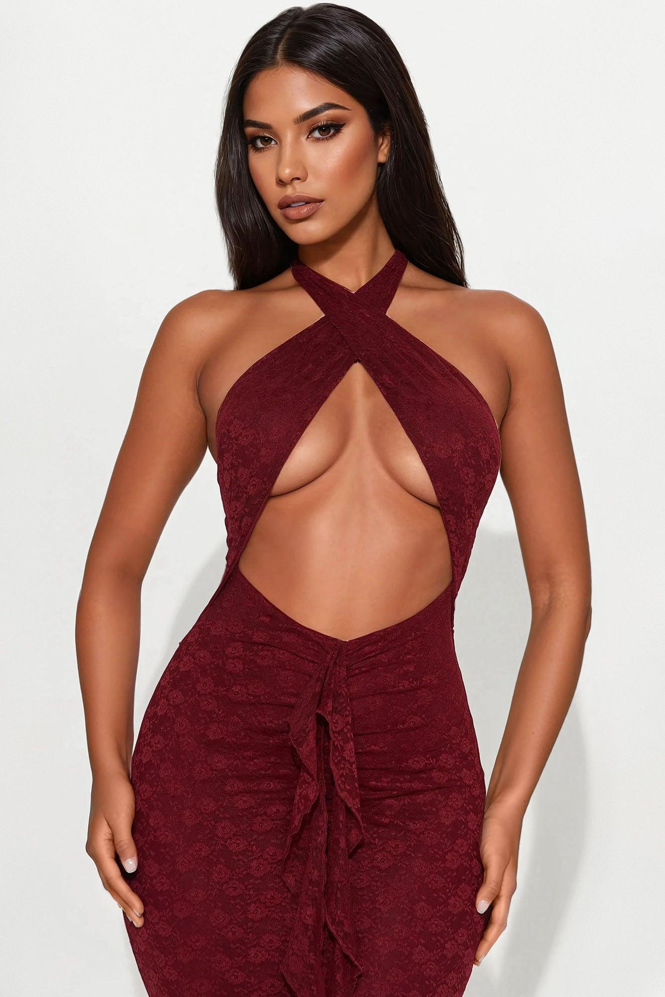 Tanya Ruffle Lace Maxi Dress - Burgundy Product Image