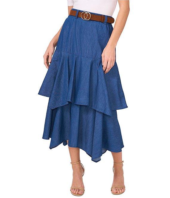 CeCe Denim Belted Tiered Midi A-Line Skirt Product Image