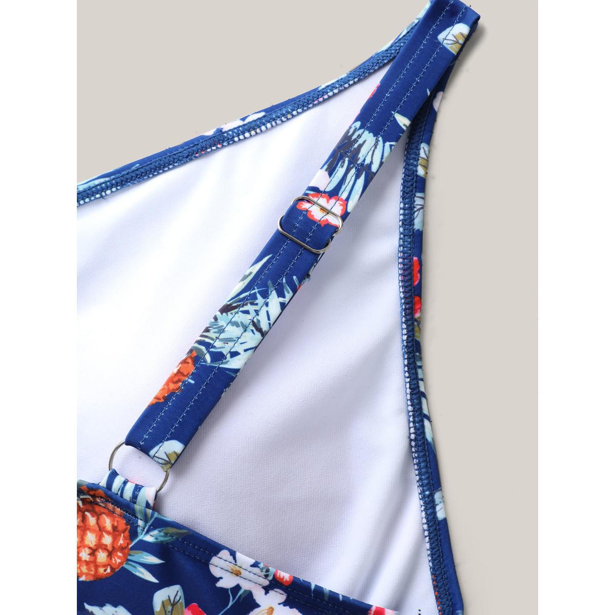 Plus Size Tropical Floral Print Waist-Tie Swim Dress Women's Swimwear Mediumblue Beach Bodycon Overlap Collar High stretch Curve Swim Dresses BloomChic 28/5X Product Image