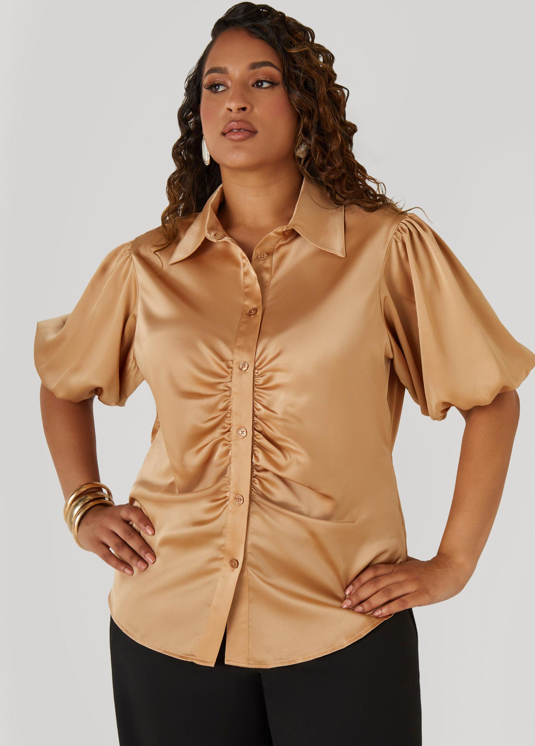 Plus Size Ruched Satin Shirt Ashley Stewart Product Image