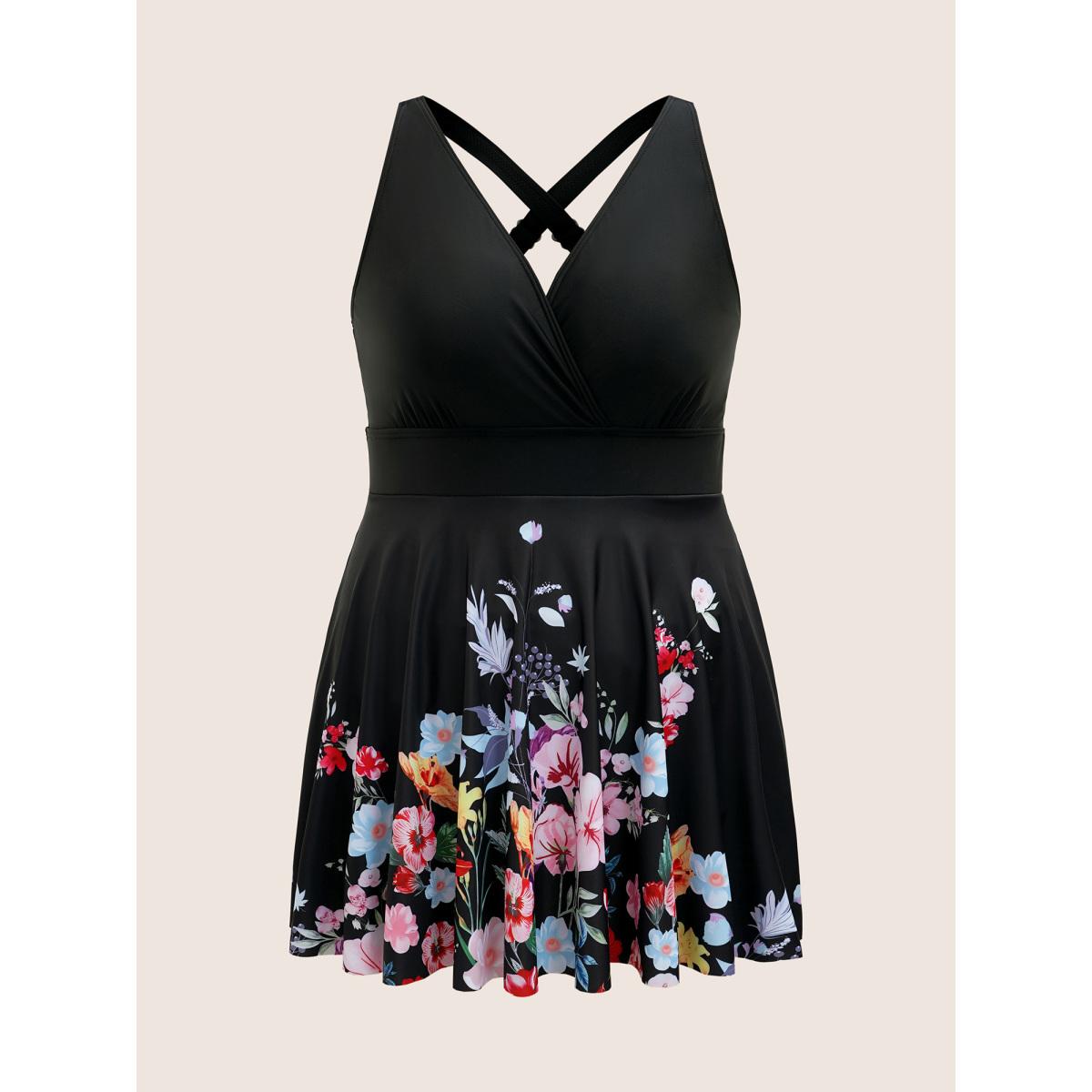 Plus Size Overlap Collar Natural Flowers Gathered Swim Dress Women's Swimwear Black Beach Bodycon Overlap Collar High stretch Curve Swim Dresses BloomChic 12/L Product Image