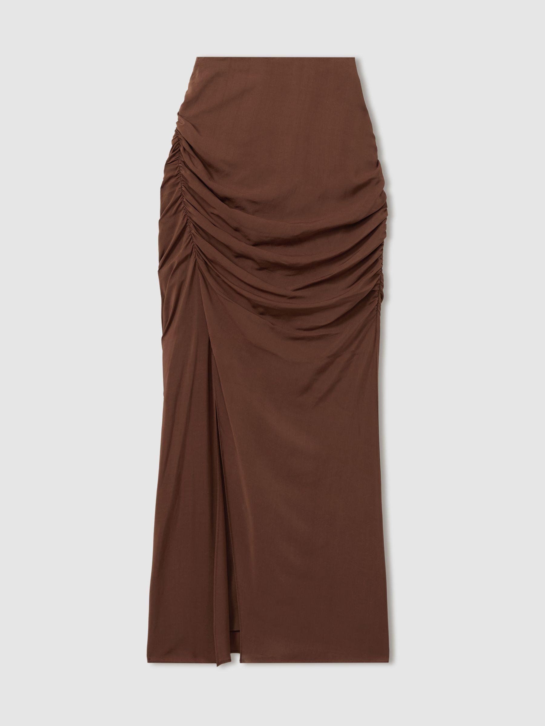 Ruched Front Split Midi Skirt in Chocolate Product Image