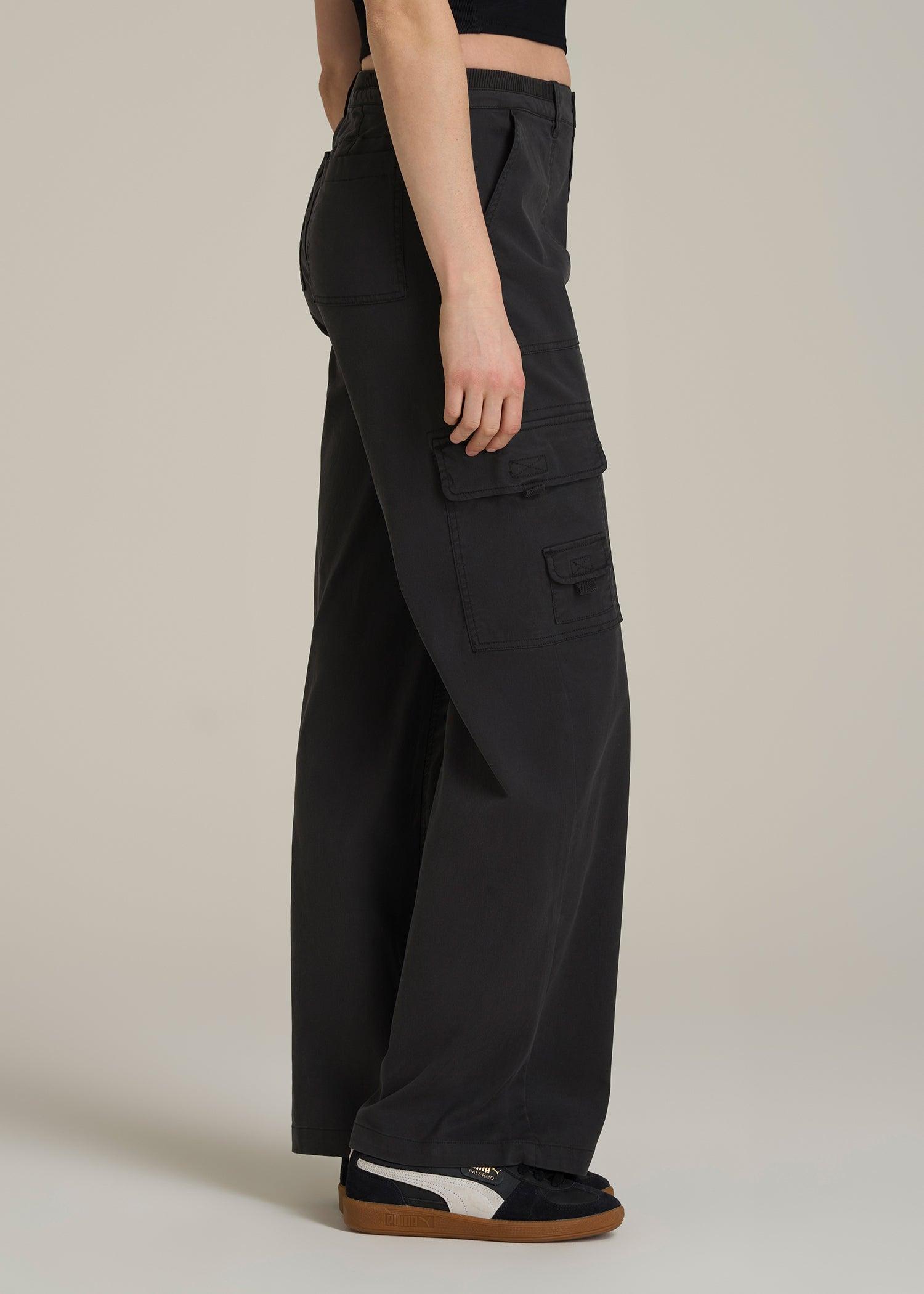 Garment Dyed Wide Leg Cargo Pants for Tall Women in Washed Vintage Black Female Product Image