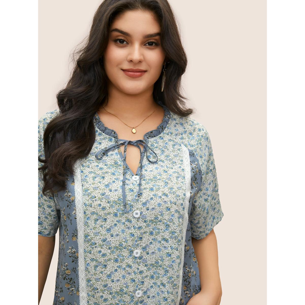 Plus Size Stone Ditsy Floral Ruffles Lace Patchwork Ties Blouse Women Elegant Short sleeve Notched collar Everyday Blouses BloomChic 22-24/3X Product Image