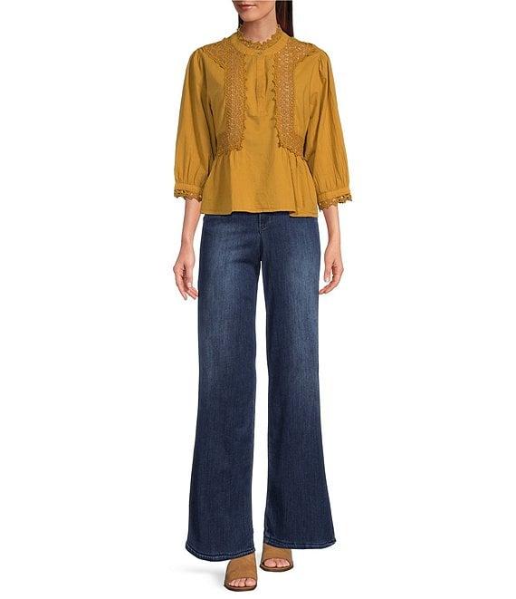 Democracy Woven High Neck 3/4 Sleeve Crochet Lace Peplum Woven Top Product Image