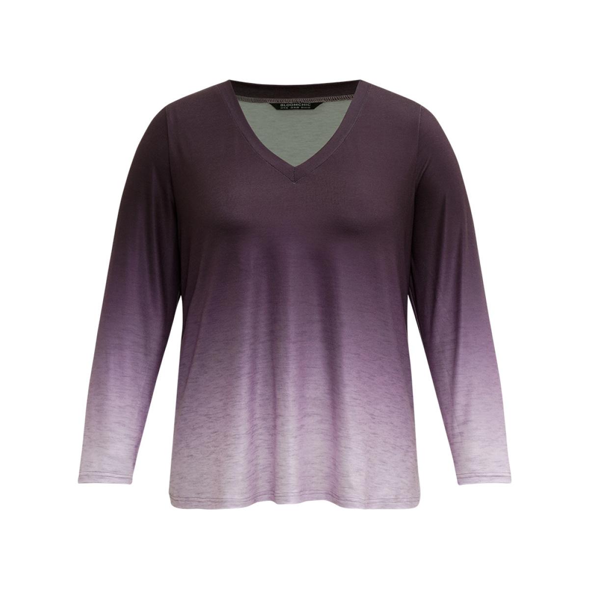 Plus Size Ombre V Neck Slightly Stretchy T-shirt Purple Women Casual Plain Ombre V-neck Everyday T-shirts BloomChic 10/M Product Image