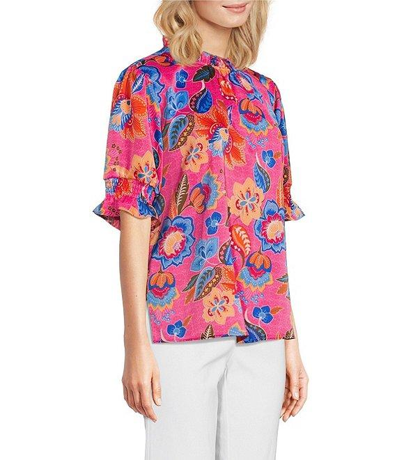 Ali Miles Floral Ruffle Round Neck Elbow Sleeve Print Popover Tunic Product Image