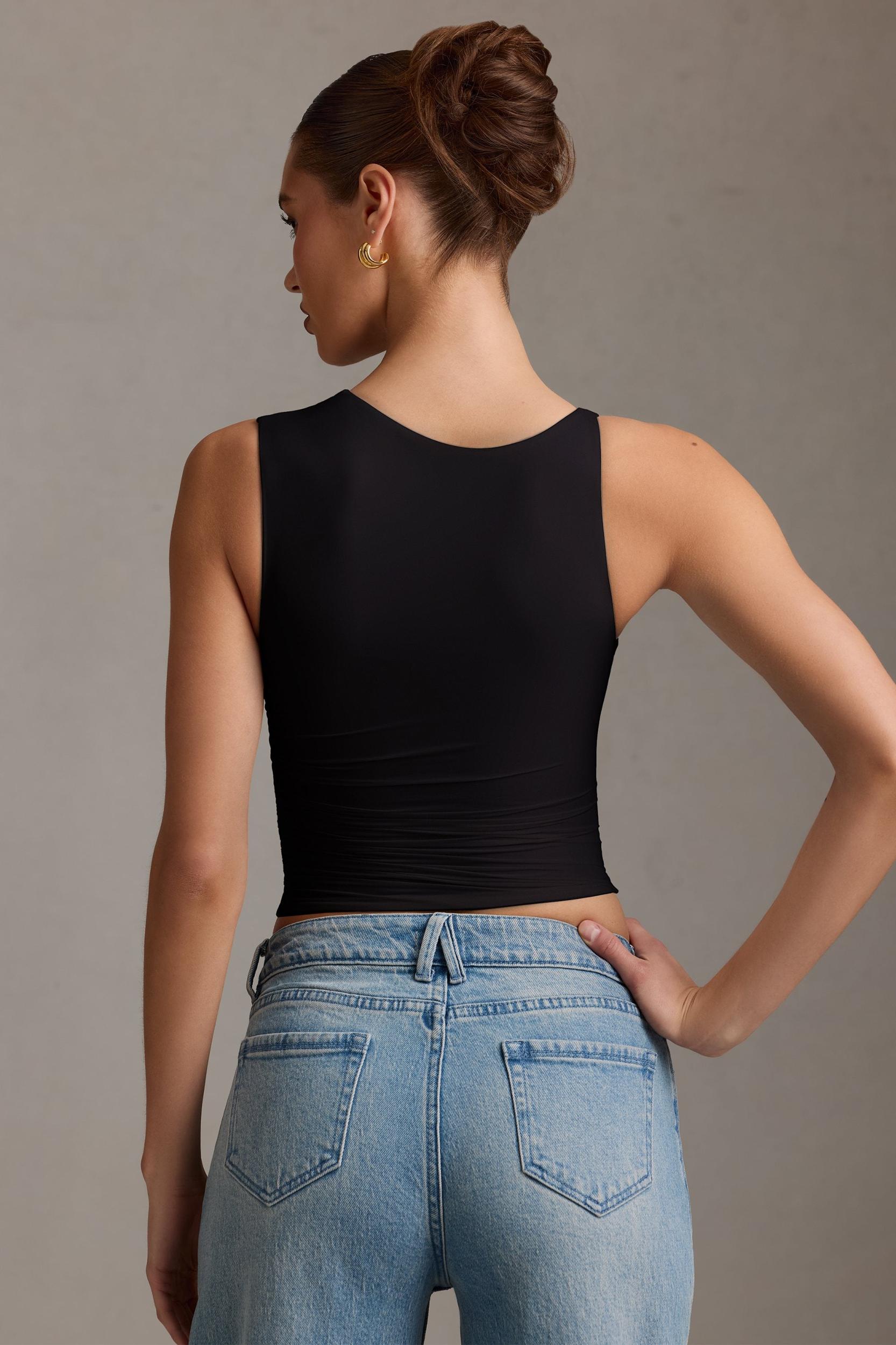 Asymmetric Ruched Tank Top in Black Product Image