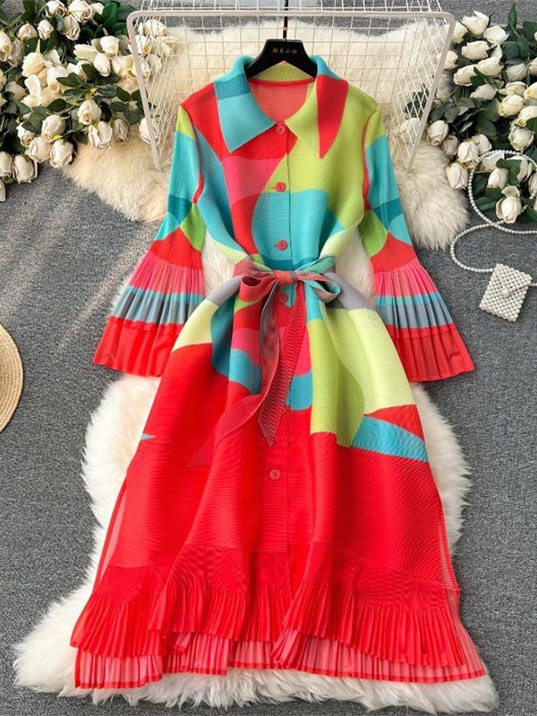 Flared Sleeves Loose Belted Contrast Color Pleated Midi Dresses Product Image