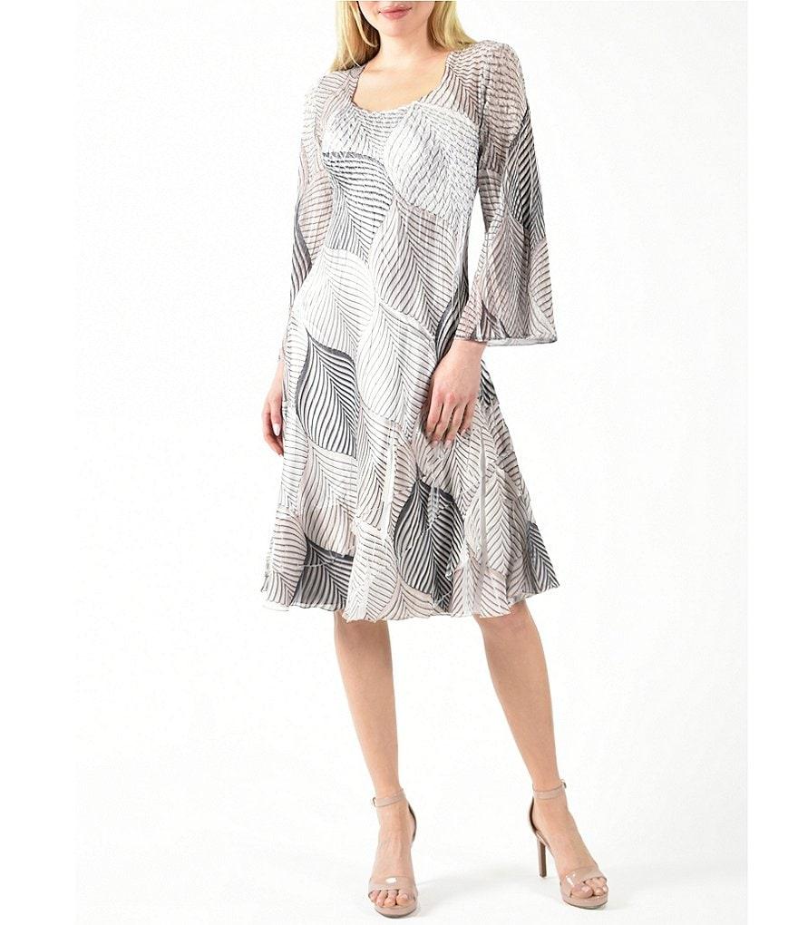 Komarov Printed Charmeuse Square Neck 3/4 Bell Sleeve Tiered Dress Product Image