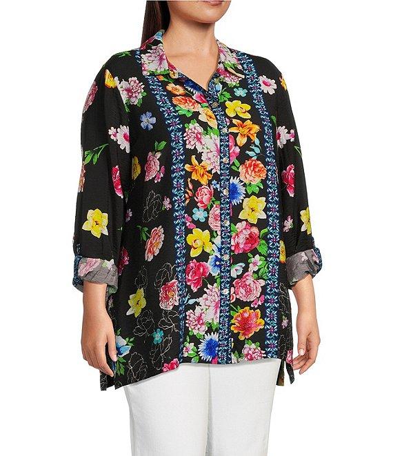 John Mark Plus Size Floral Point Collar Long Roll-Tab Sleeve Button Front Tunic Product Image