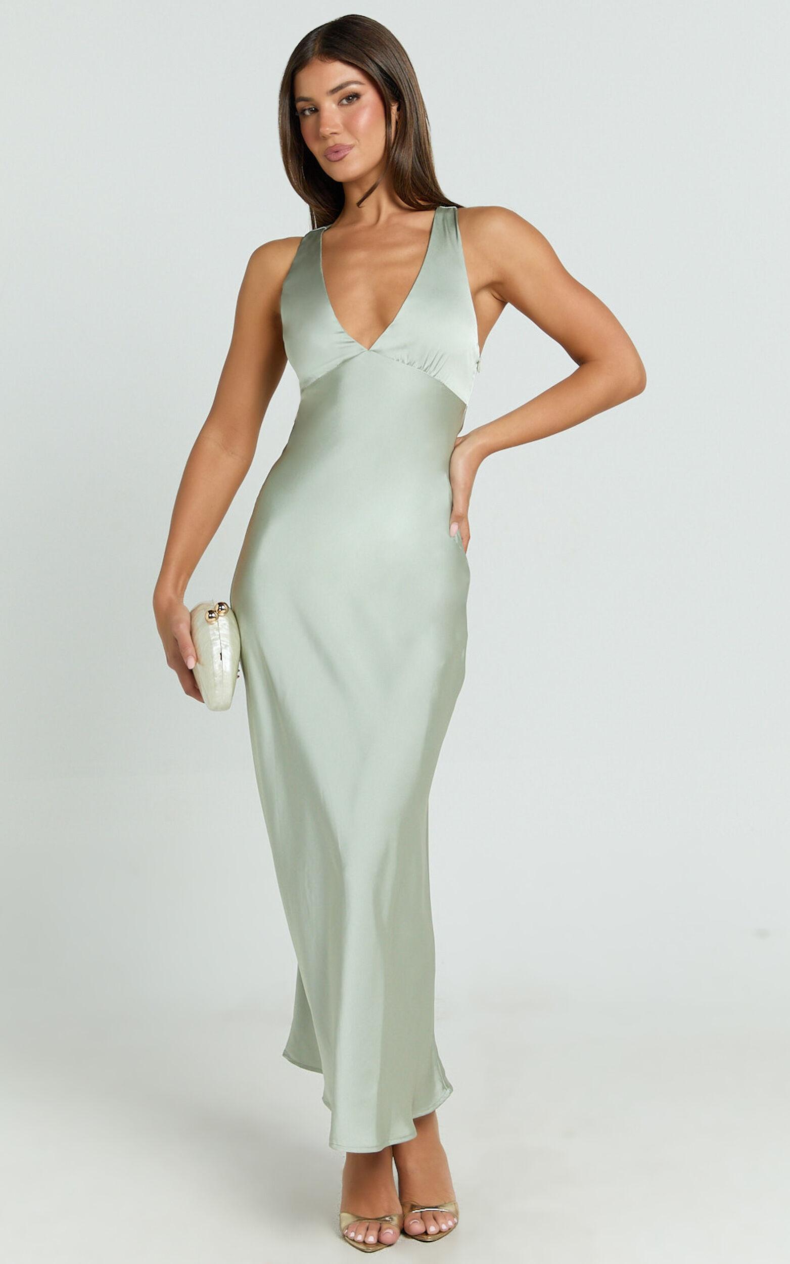 Khalani Midi Dress - Deep V Neck Satin Slip Dress in Sage Product Image