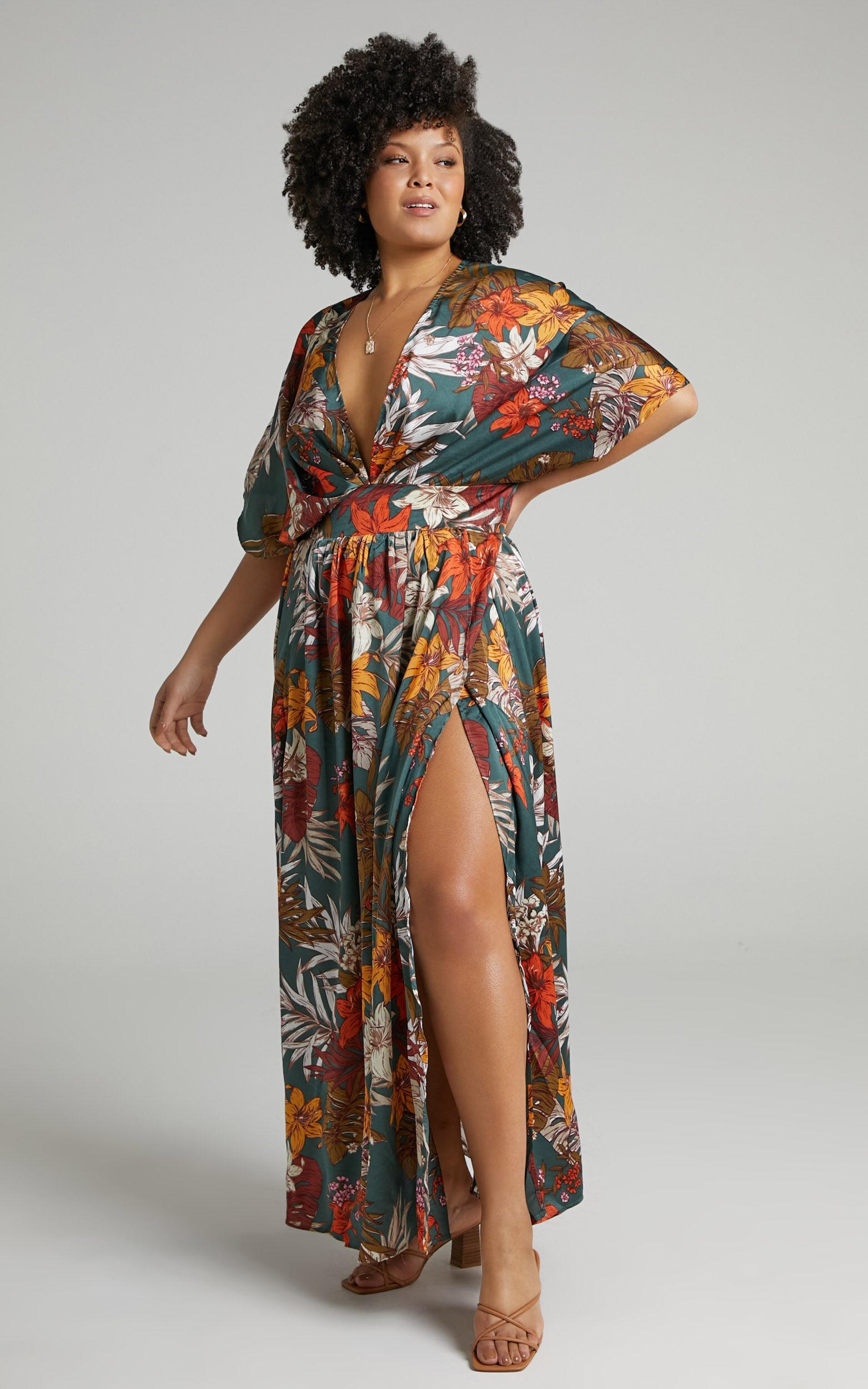 Vacay Ready Maxi Dress - Plunge Thigh Split Dress in Teal Floral Satin Product Image