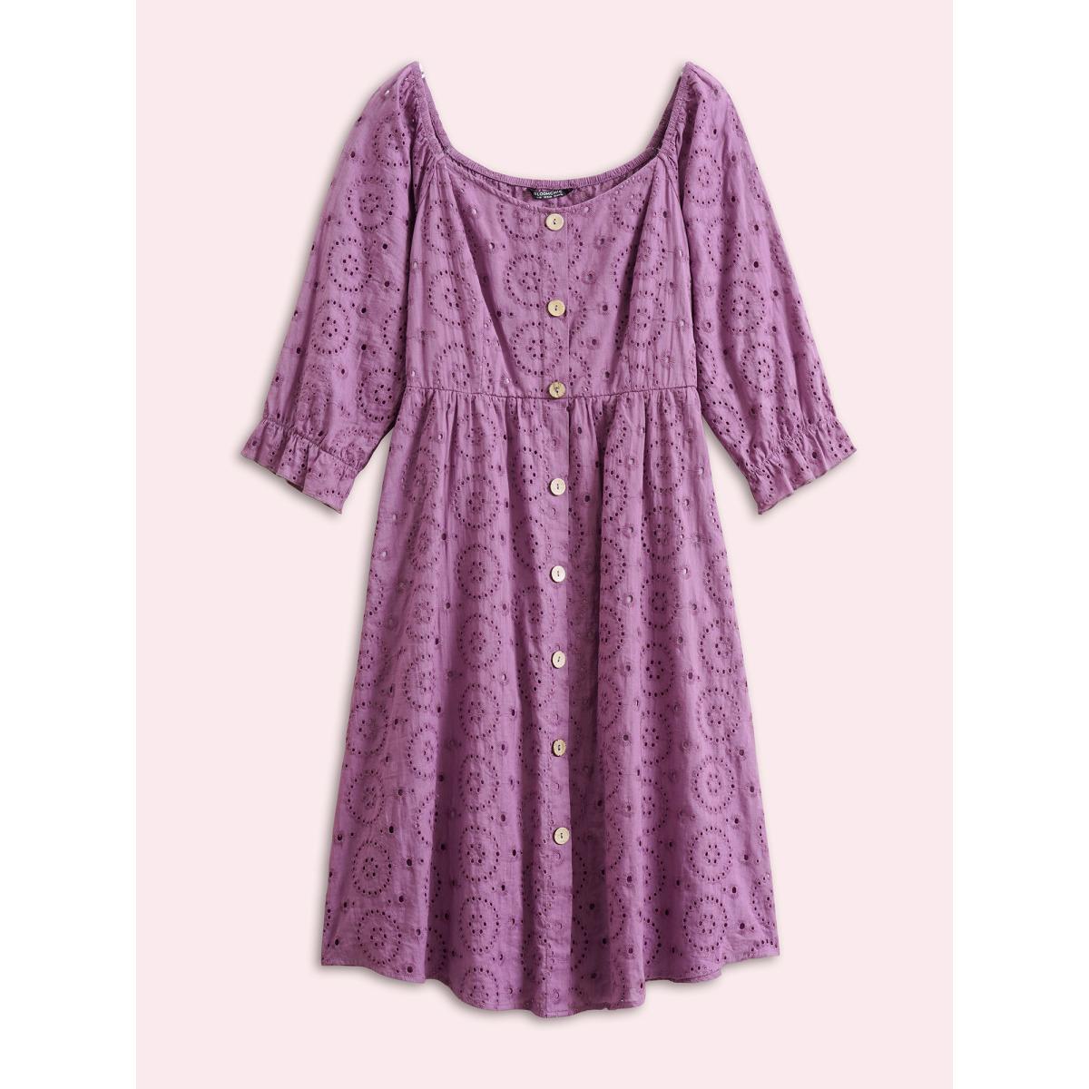 Plus Size Broderie Anglaise Gathered Square Neck Button Detail Dress Mauve Women Elegant Non Square Neck Elbow-length sleeve Curvy Midi Dress BloomChic 30/6X Product Image