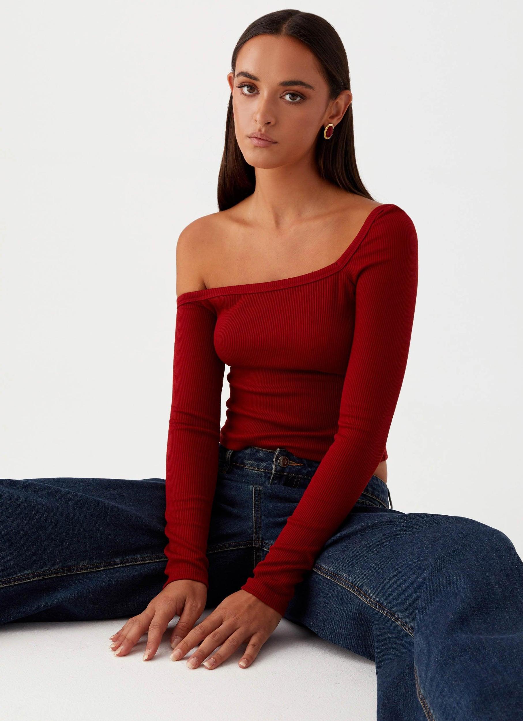 Talia Asymmetric Long Sleeve Top - Red Product Image