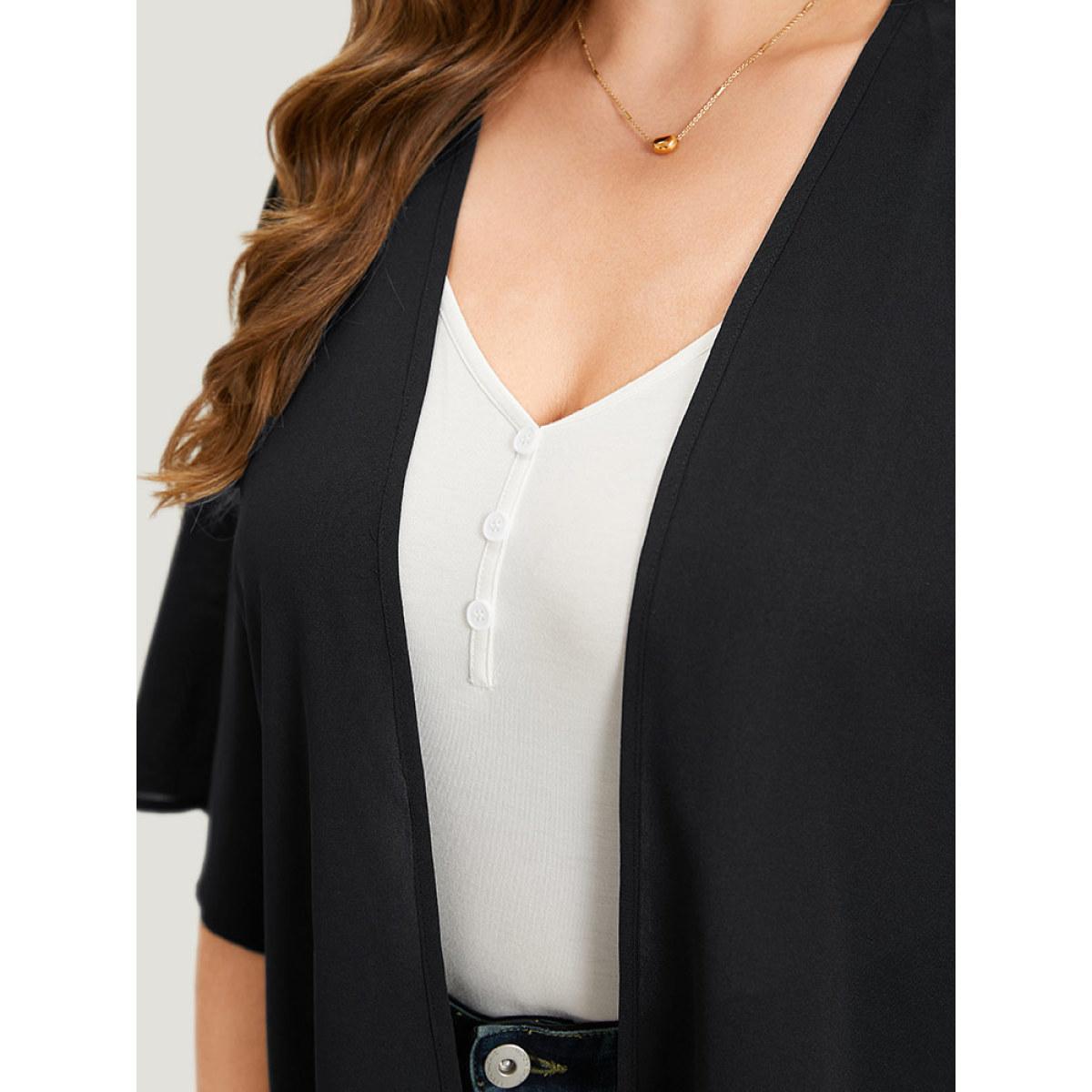 Plus Size Plain Laser Cut Open Front Scalloped Trim Kimono Women Black Casual Plain Dailywear Kimonos BloomChic 12/L Product Image