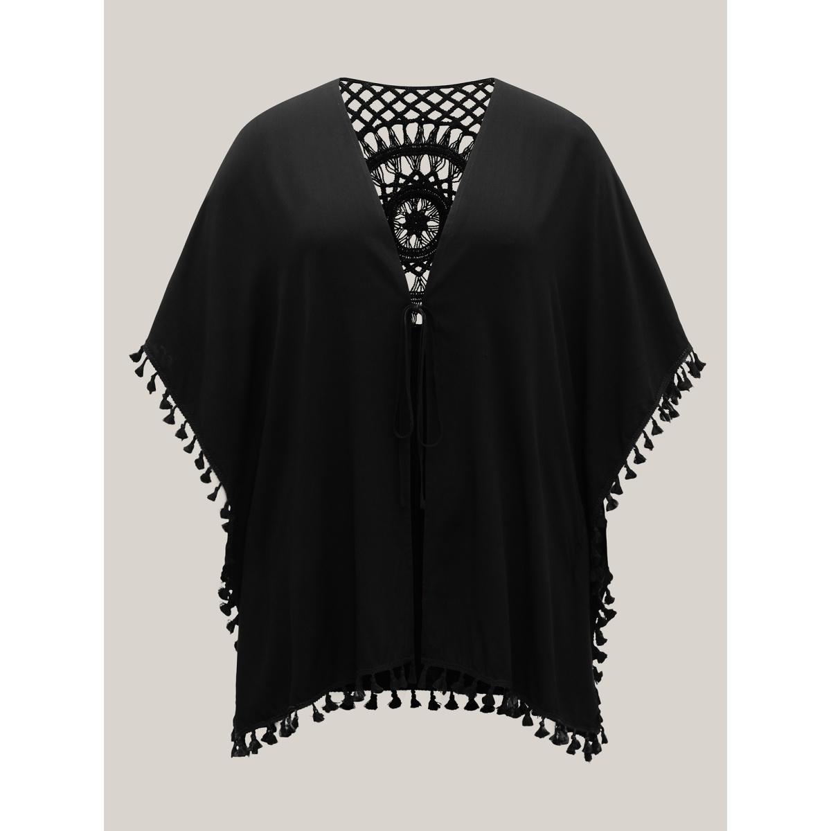 Plus Size Backless Front-Tie Tassels Kimono Women Black Tie knot Loose Vacation Kimonos BloomChic 10/M Product Image