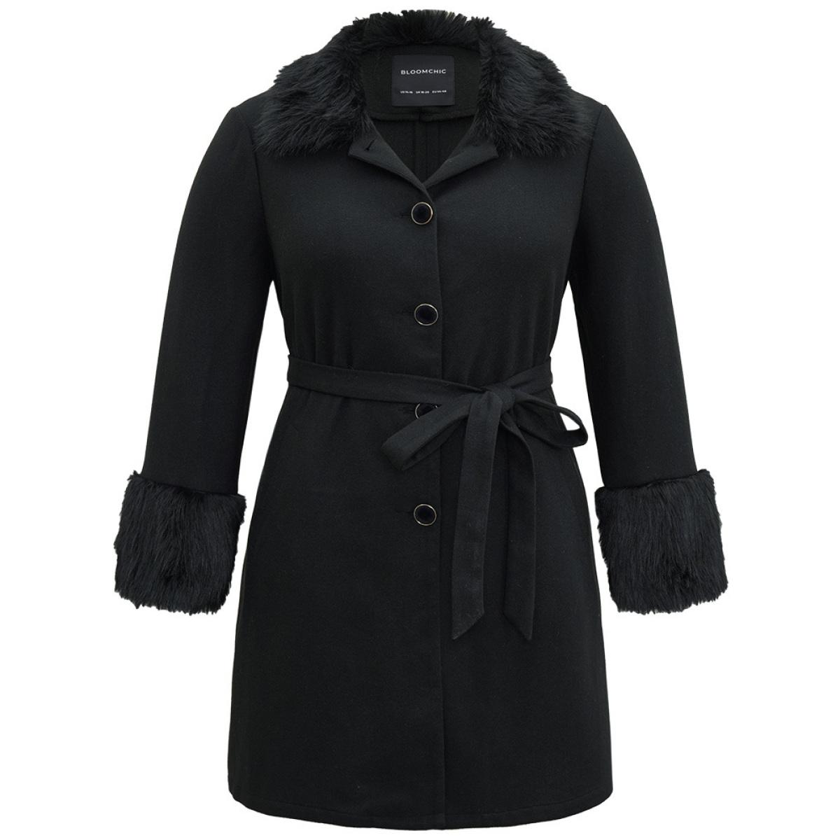 Plus Size Solid Fuzzy Trim Button Through Belted Coat Women Black Casual Plain Ladies Dailywear Winter Coats BloomChic 10/M Product Image