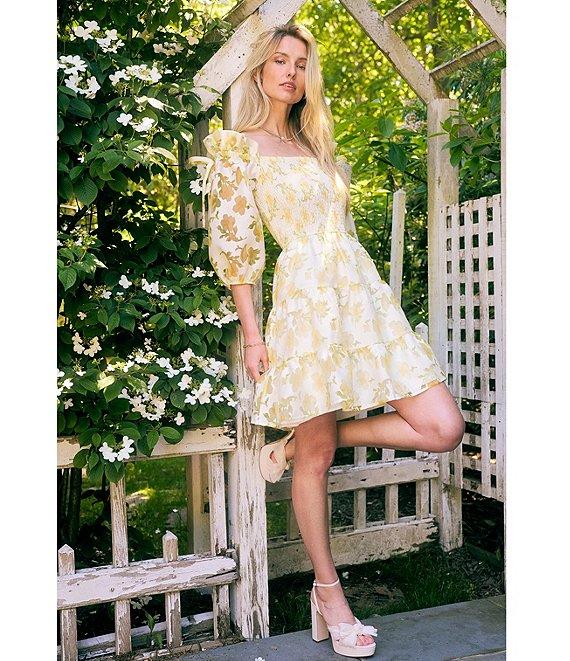 Layered With Love Beau Floral Burnout Jacquard Square Neck 3/4 Sleeve A-Line Mini Dress Product Image