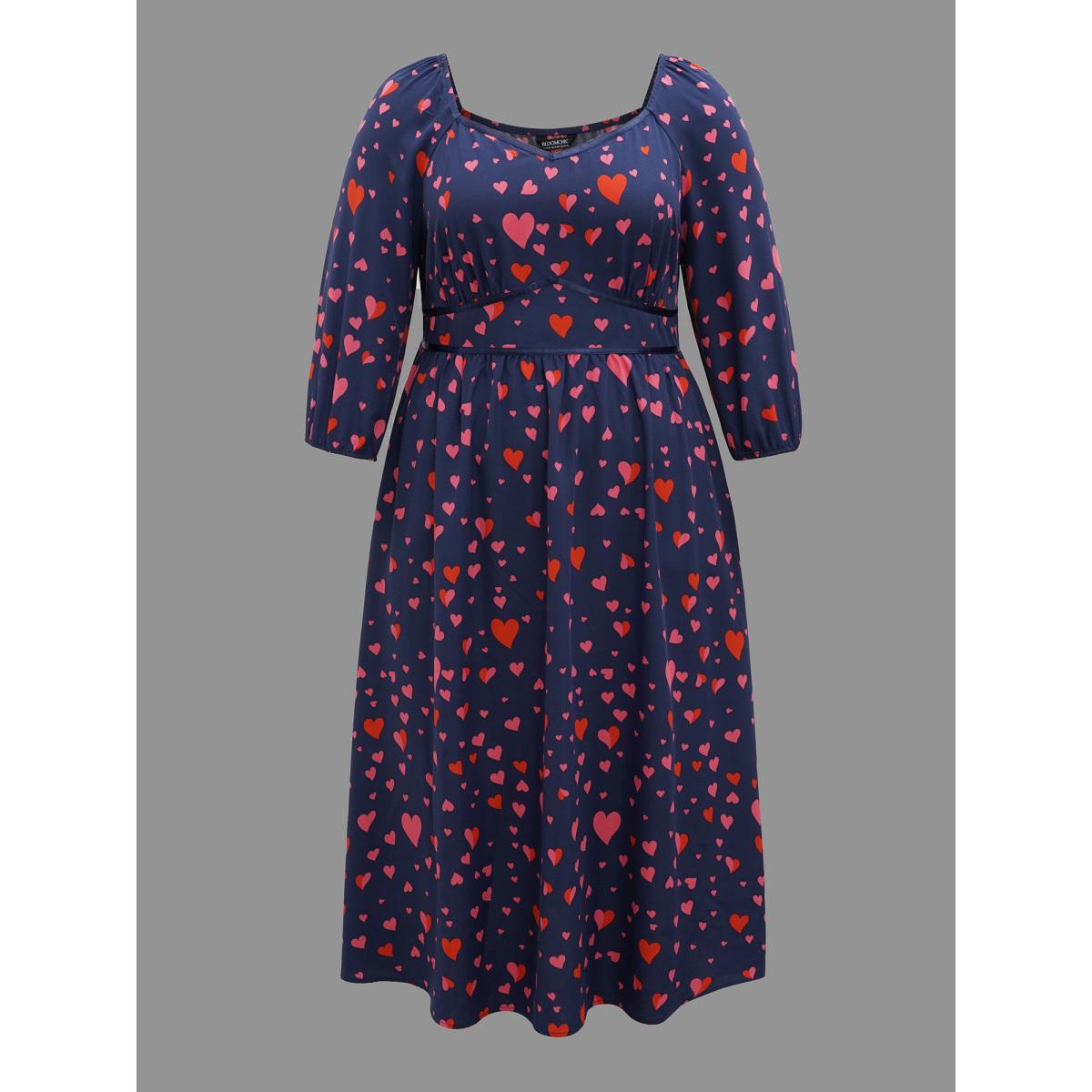 Plus Size Hearts Print Contrast Webbing Pocket Dress Navy Women Elegant Woven ribbon&lace trim Heart neckline Elbow-length sleeve Curvy BloomChic 22-24/3X Product Image