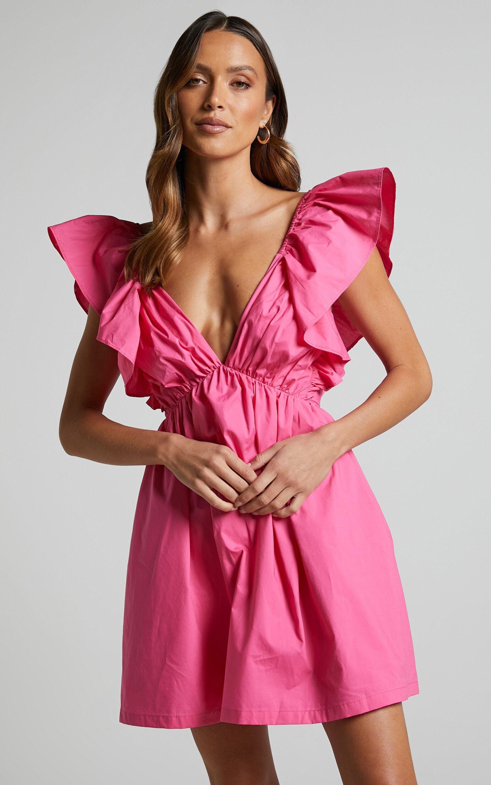Raiza Mini Dress - Ruffle Sleeve Tie Back Plunge Dress in Fuchsia Product Image