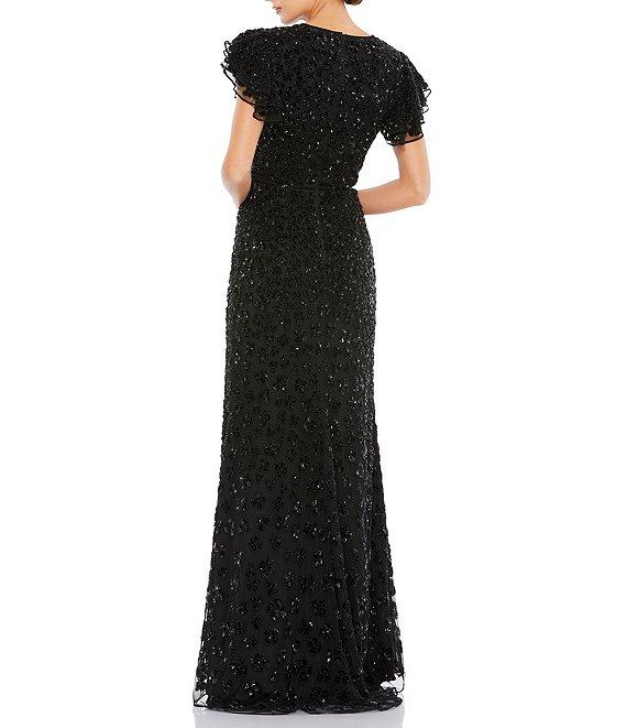 Mac Duggal Beaded Short Flutter Sleeve Crew Neck Sheath Gown Product Image