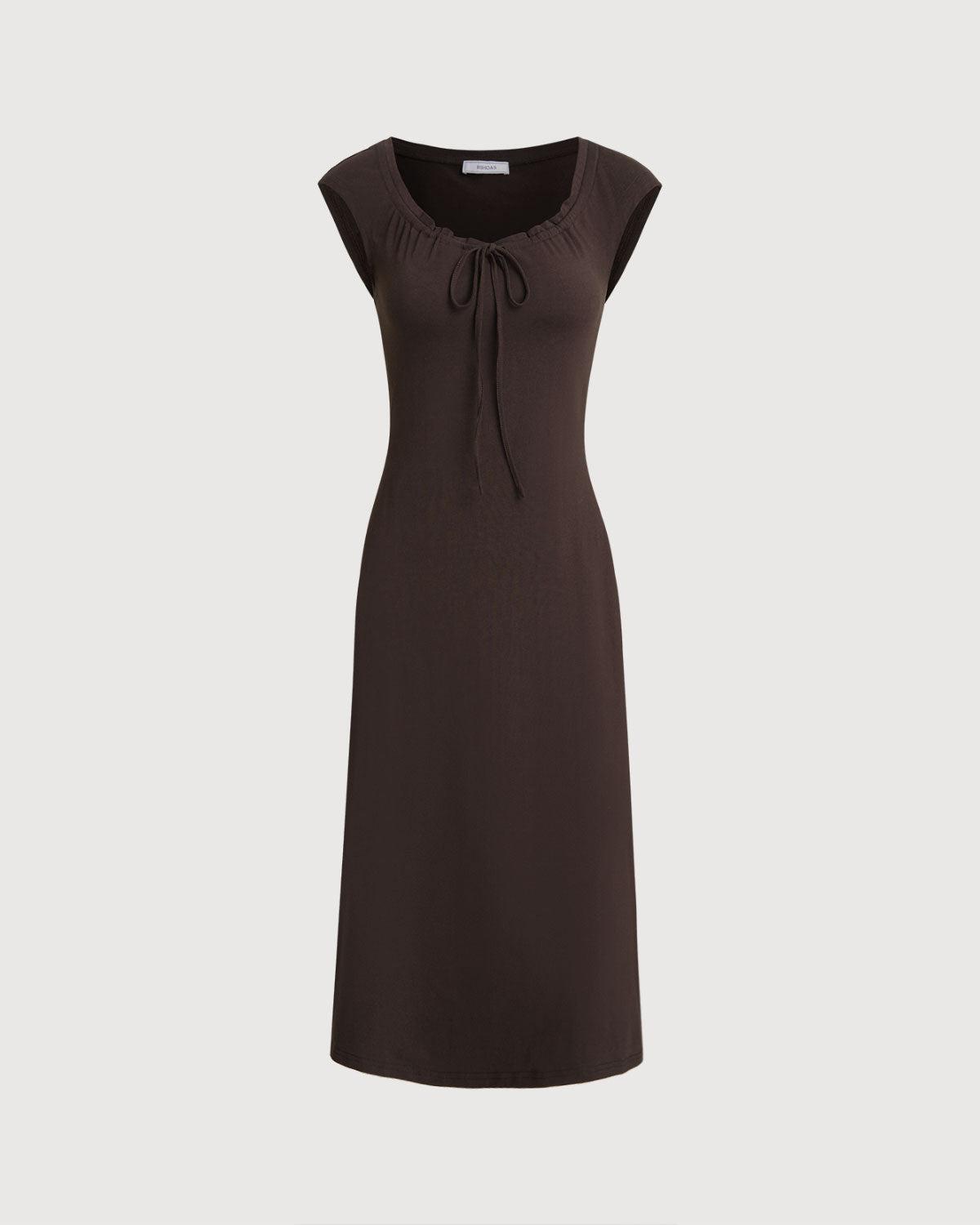 Brown Boat Neck Cap Sleeve Midi Dress Product Image