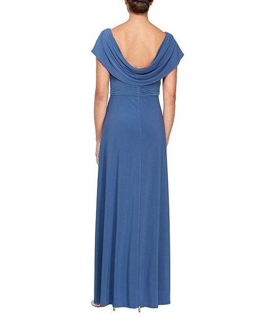 Alex Evenings Matte Jersey Cowl Neck Drape Back Detail Short Sleeve Side Embellishment Pleated Thigh High Slit Long Gown Product Image