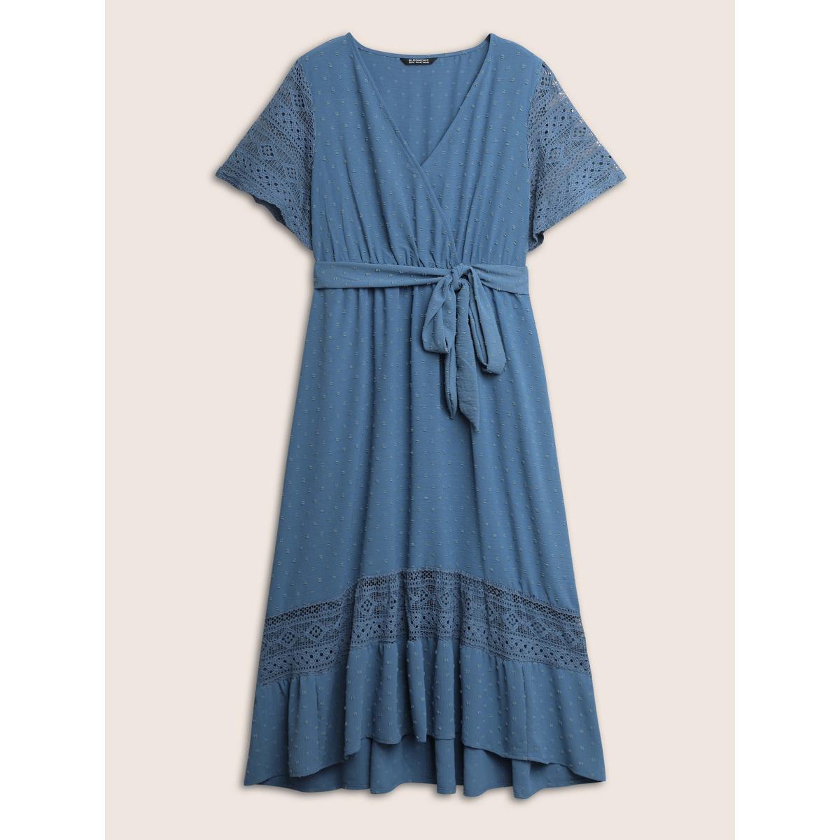 Strappy Elegance Flutter Patchwork Plus Size Dress Women Plain Mint Ruffle Sleeve Short Sleeve V Neck Pocket Belt Dailywear Long Dress BloomChic Product Image