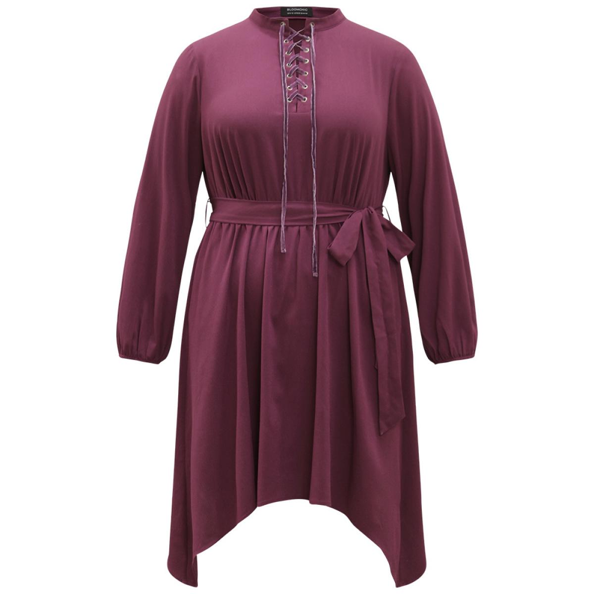 Plus Size Halloween Plain Lantern Sleeve Belted Lace Up Asymmetrical Hem Dress Purple Women Office Elastic cuffs Tie Neck Long Sleeve Curvy Knee Dress BloomChic 30/6X Product Image