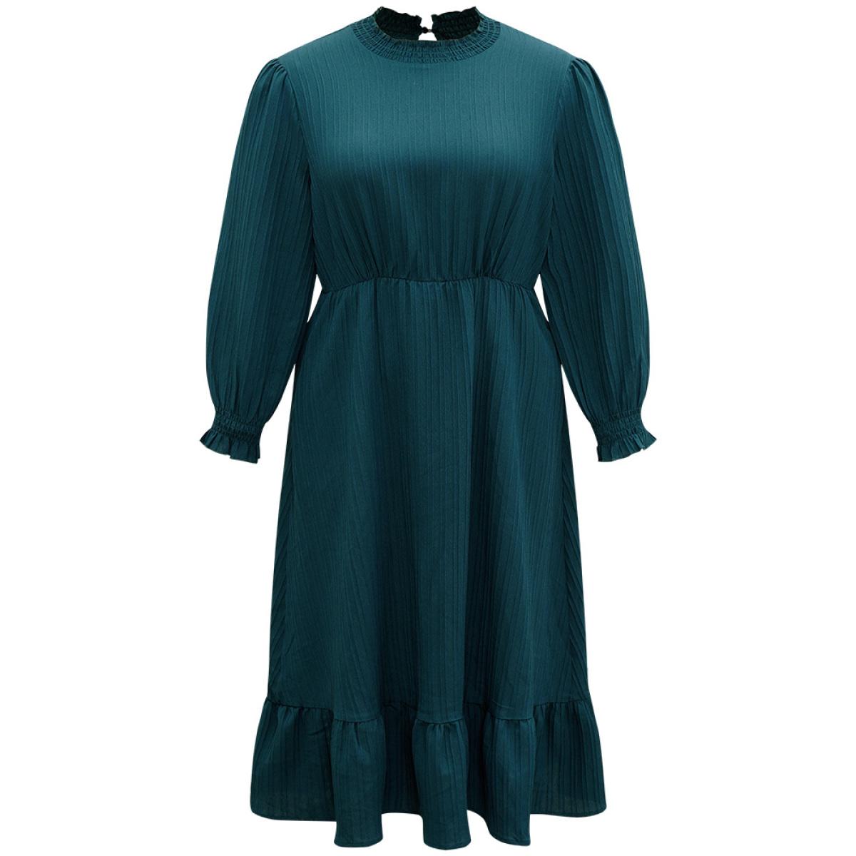 Plus Size Plain Texture Elastic Waist Frill Trim Shirred Dress Emerald Women Office Texture Mock Neck Long Sleeve Curvy Midi Dress BloomChic 10/M Product Image