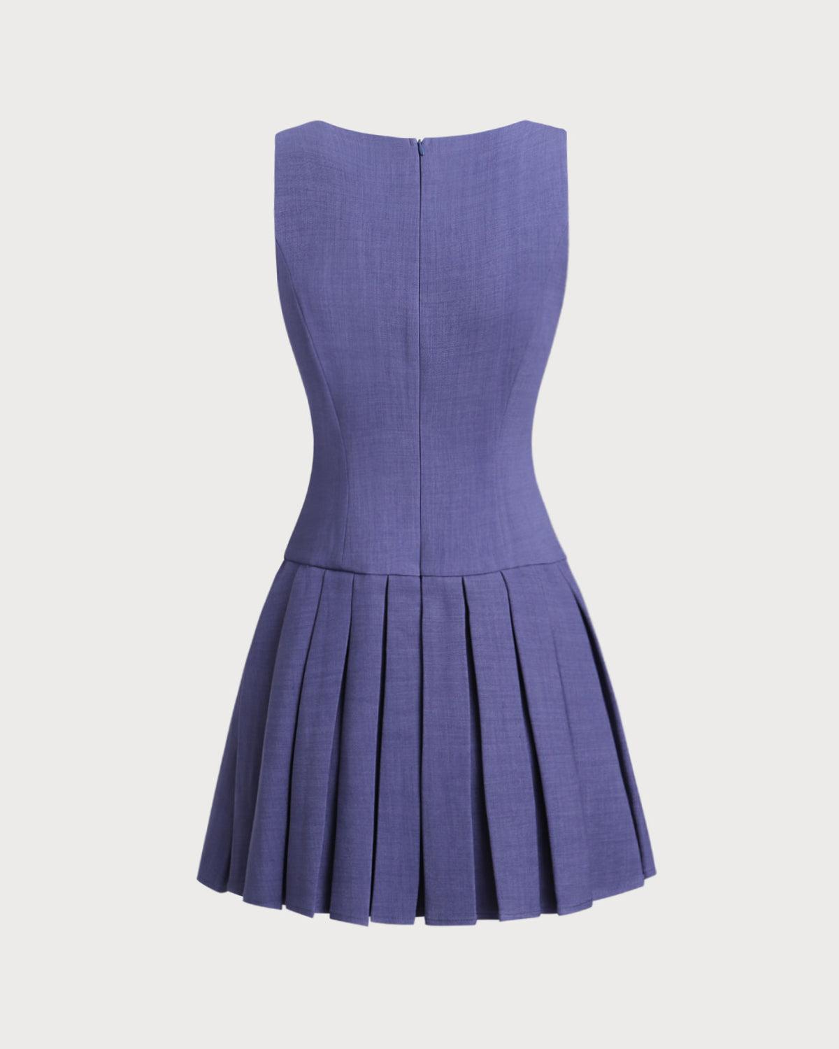 Blue Boat Neck Button Sleeveless Mini Dress Product Image