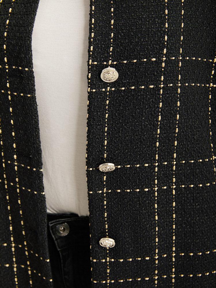 Plaid Pattern Button Up Crew Neck Coat Female Product Image