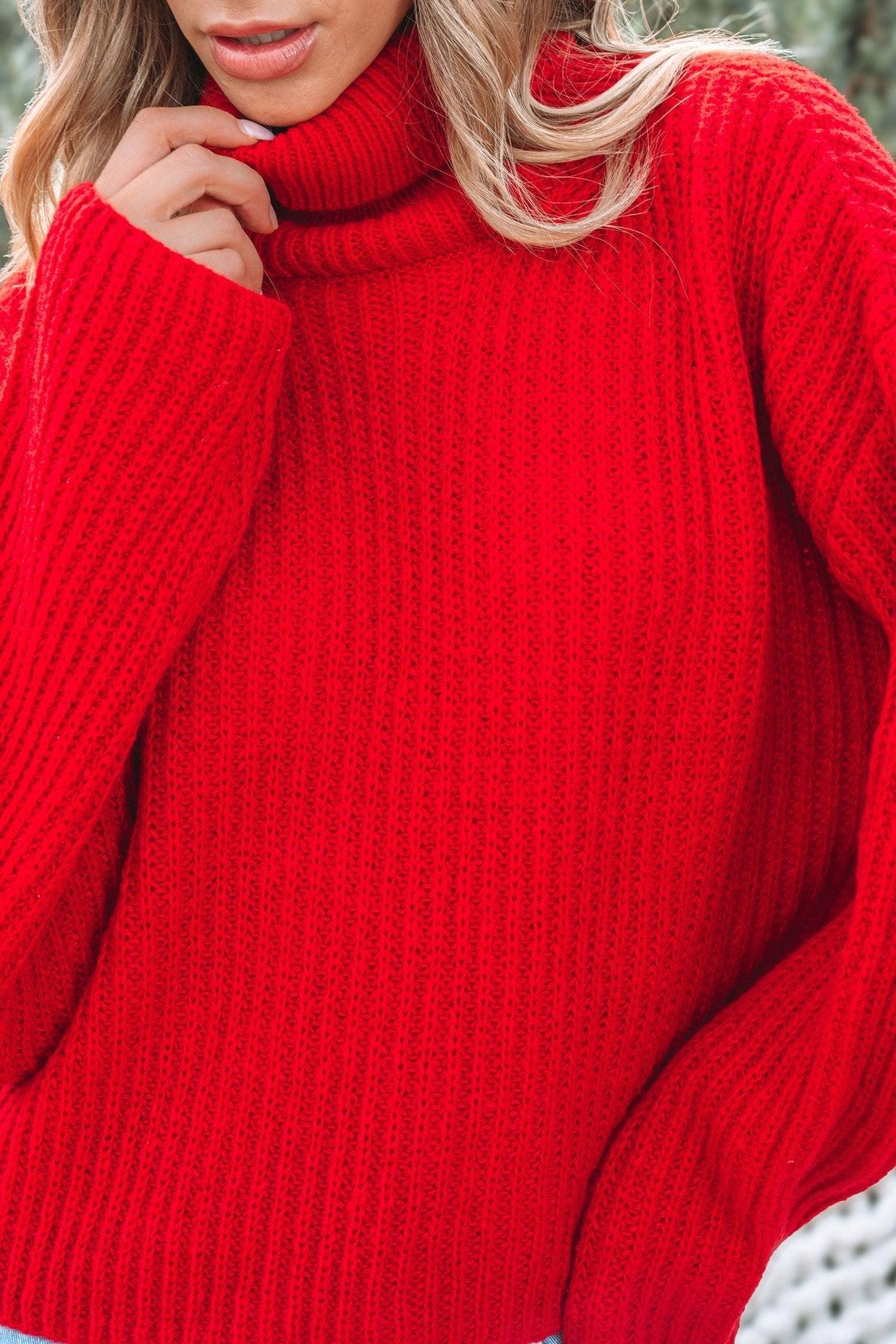 Bright Red Ribbed Turtleneck Sweater - FINAL SALE Female Product Image