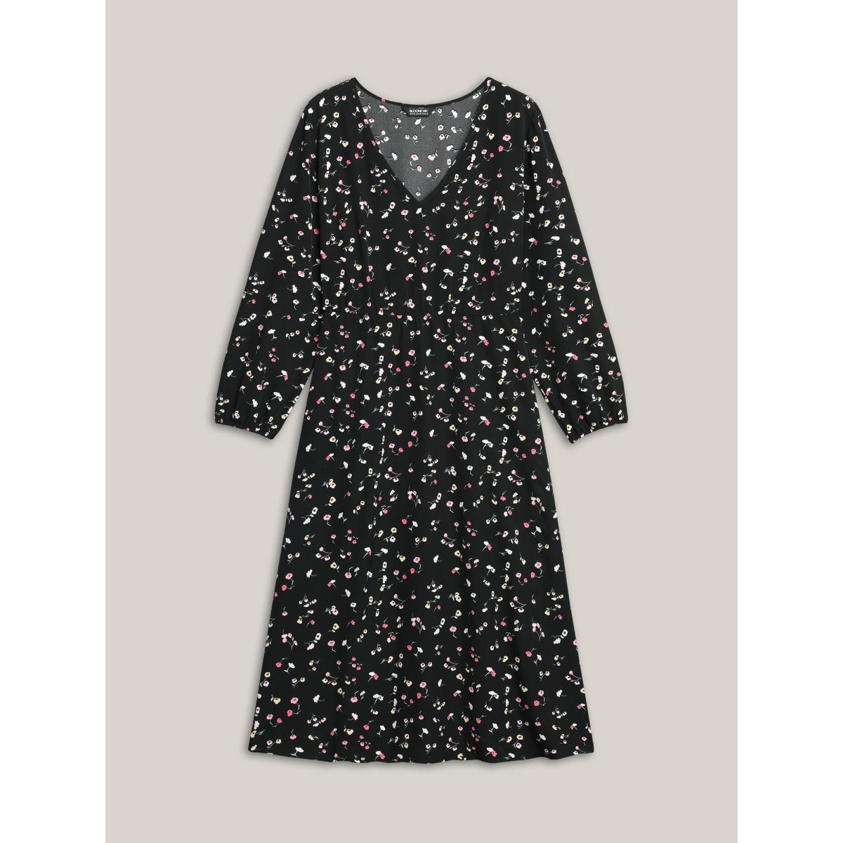 Plus Size Floral Print V-Neck Waist-Defined Midi Dress BlackFlower Women Timeless Non V-neck Long Sleeve Curvy BloomChic 18-20/2X Product Image