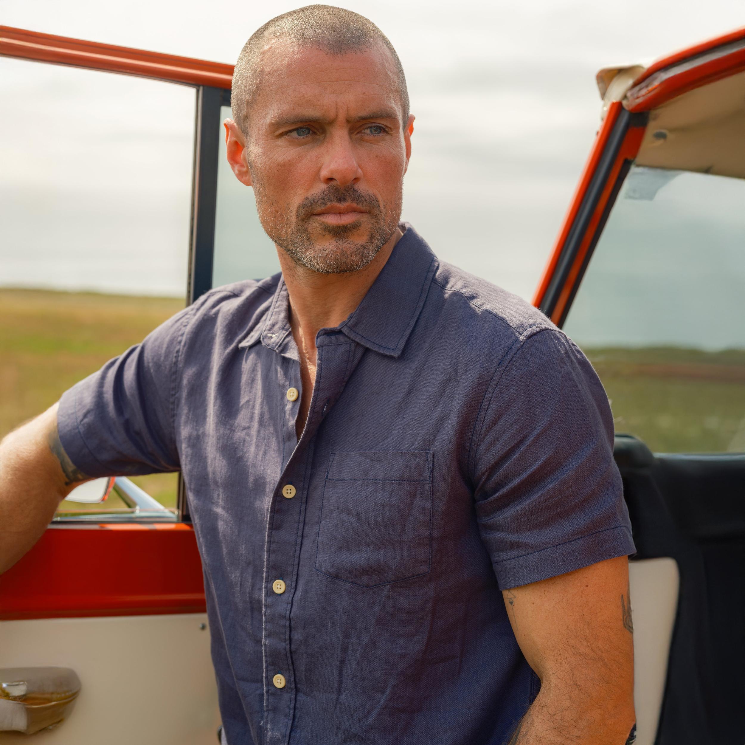 Amalfi Textured Hemp Linen Cotton Short Sleeve Shirt - Blue Steel Product Image