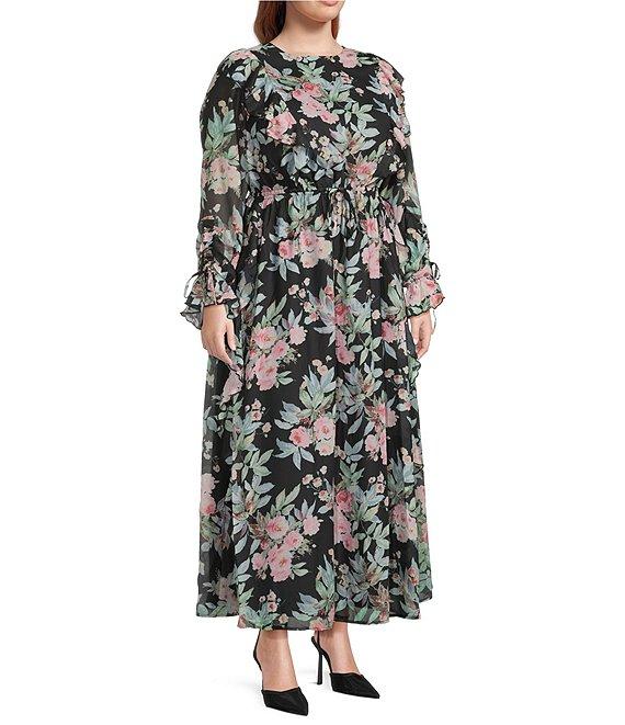Layered With Love Plus Size Luna Floral Printed Crew Neck Long Sleeve Ruffle Chiffon Maxi Dress Product Image