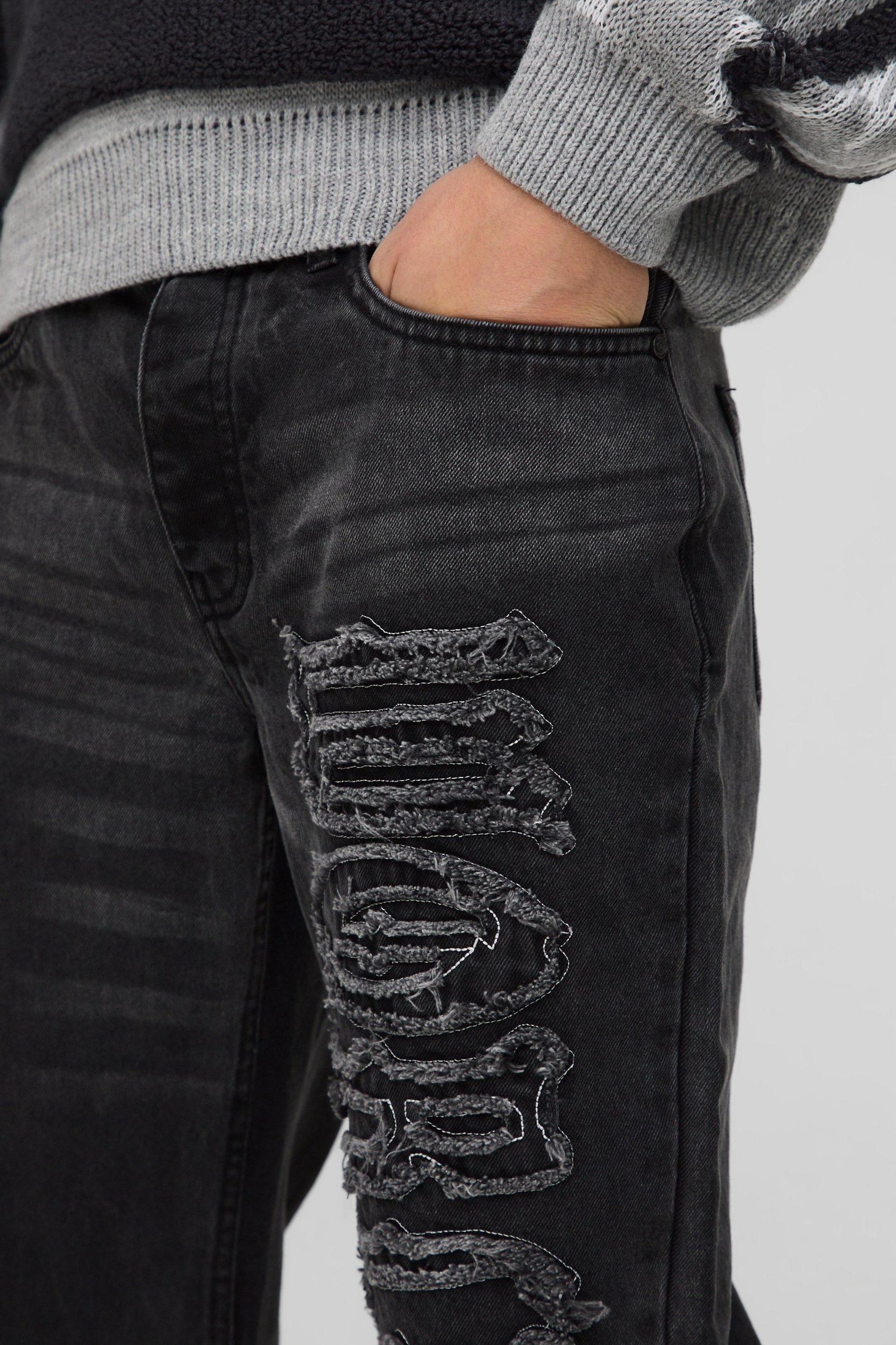 Relaxed Rigid Flared Applique Denim Jeans | boohooMAN USA Product Image