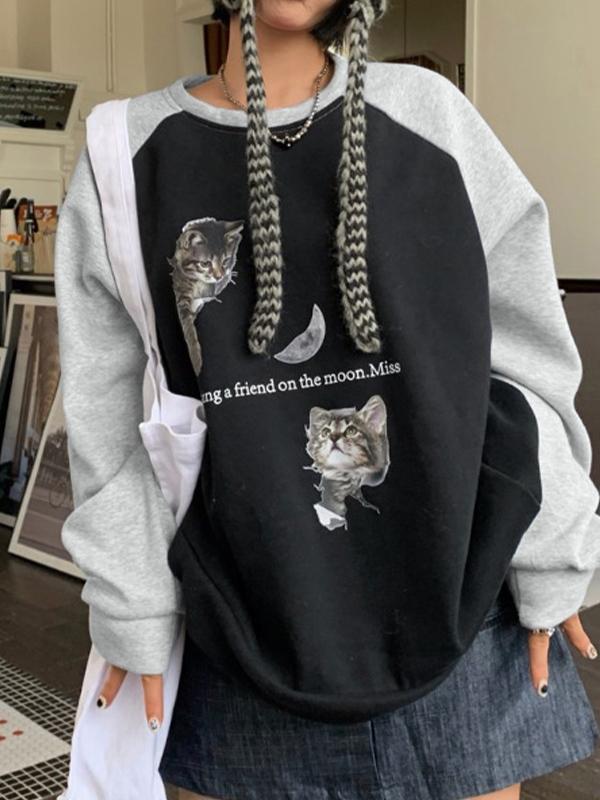 Cat Print Raglan Fleece Oversized Hoodie Product Image
