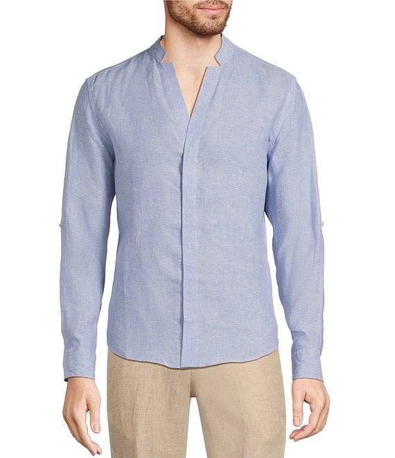Murano Big & Tall Baird McNutt Linen Classic Fit Mandarin Collar Long Sleeve Woven Shirt Product Image