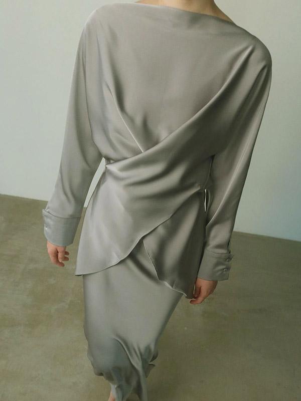 Loose Solid Color Split-Joint Boat Neck Long Sleeves Blouse & Shirt + Skirt Two Pieces Set Product Image