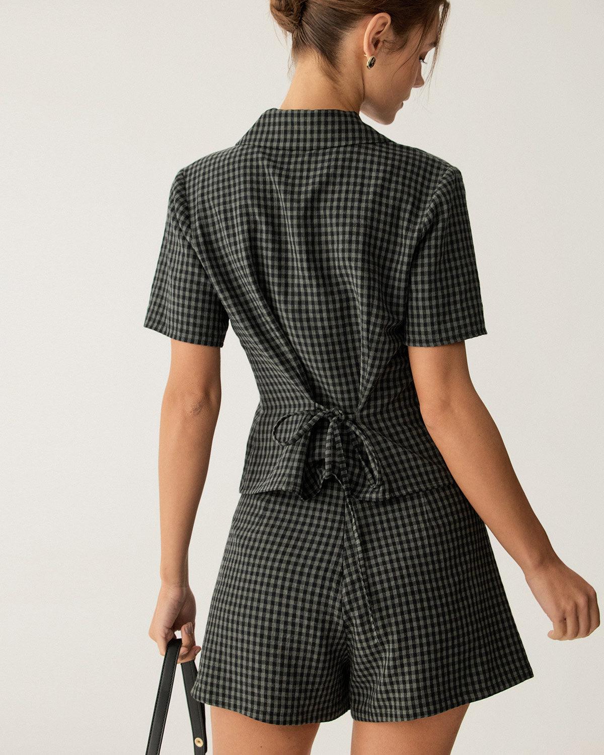 Grey High Waisted Plaid Shorts Product Image