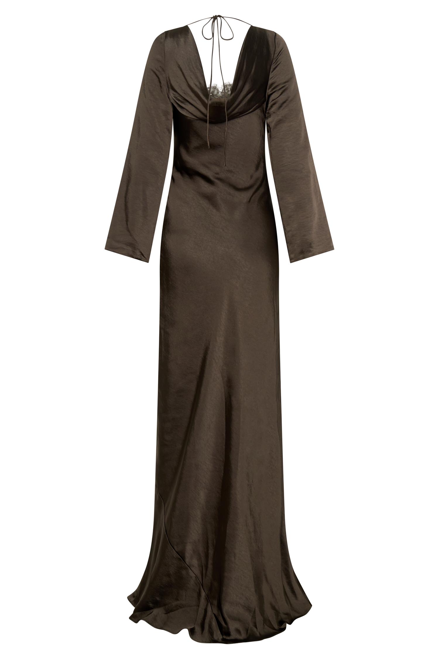 Eliza Long Sleeve Cowl Lace And Satin Maxi Dress - Mocha Product Image