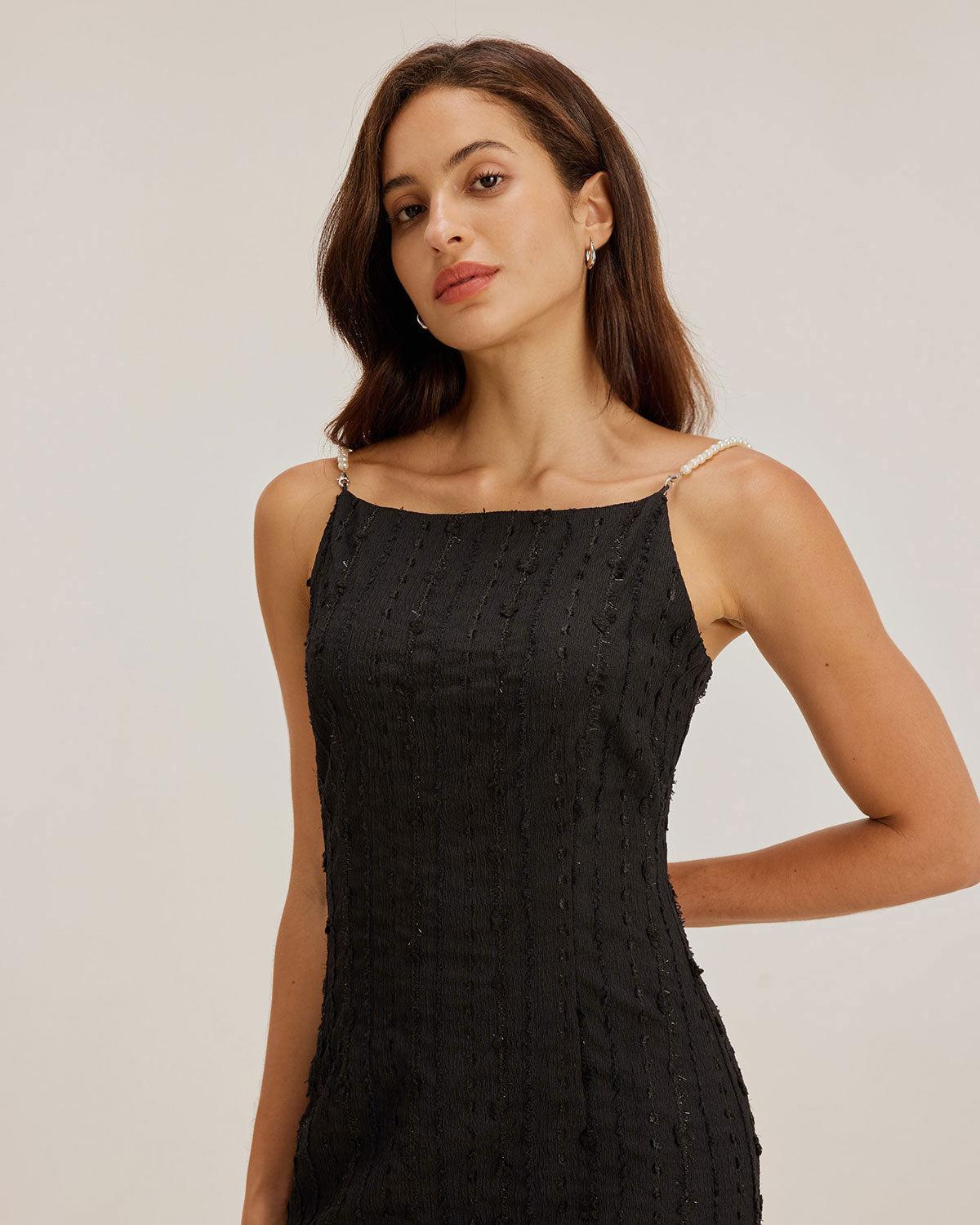Black Textured Bodycon Beaded Strap Midi Dress Product Image